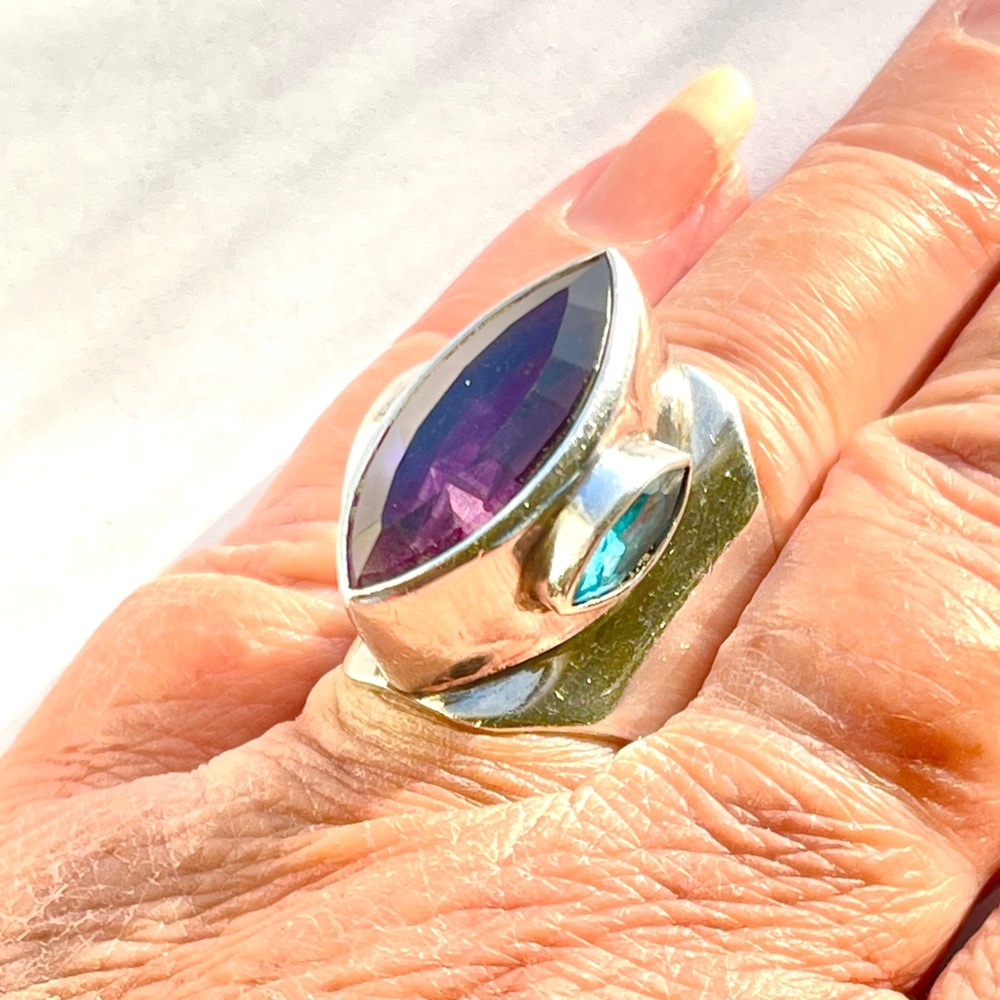 HUGE Marquise Cut Amethyst Blue Topaz Obsidian Brand Statement Ring 925